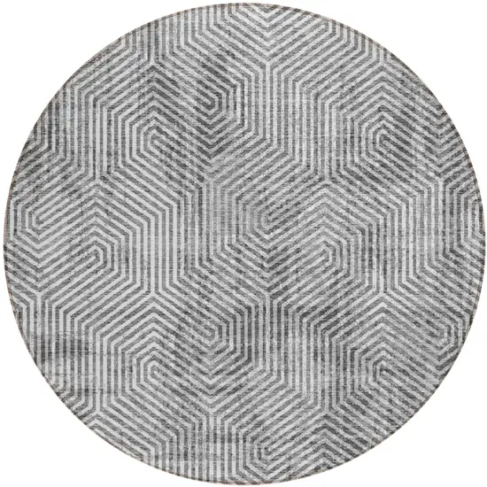 8' Silver And Gray Round Geometric Washable Indoor Outdoor Area Rug Photo 2