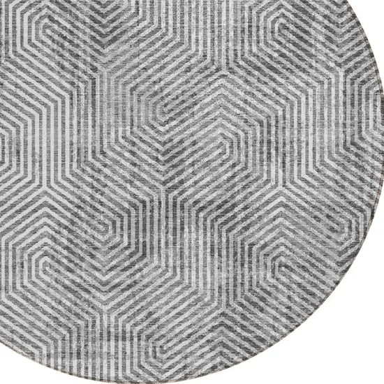 8' Silver And Gray Round Geometric Washable Indoor Outdoor Area Rug Photo 4