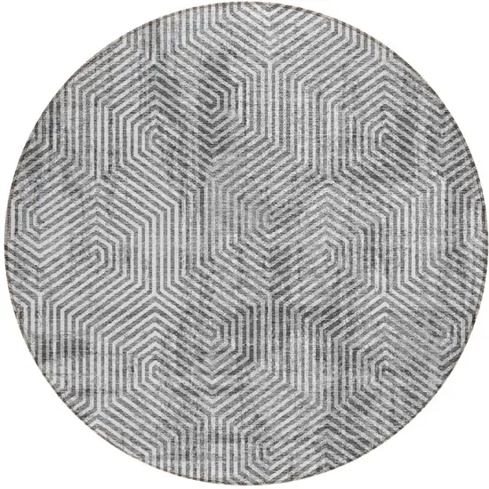 8' Silver And Gray Round Geometric Washable Indoor Outdoor Area Rug Photo 5