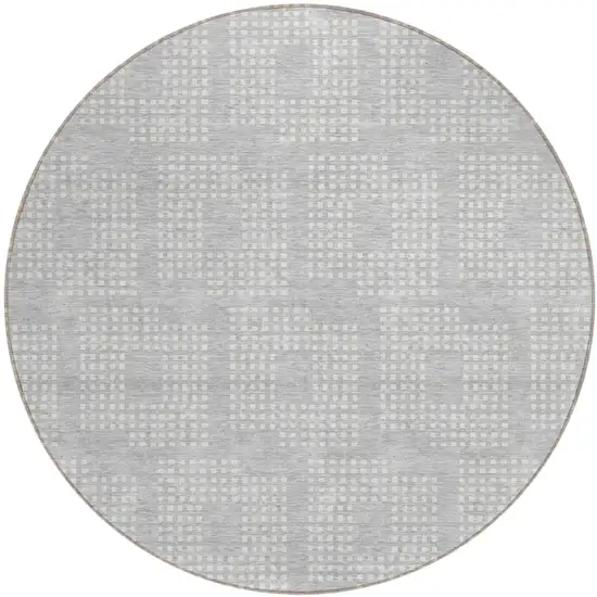 8' Silver And Ivory Round Geometric Washable Indoor Outdoor Area Rug Photo 2