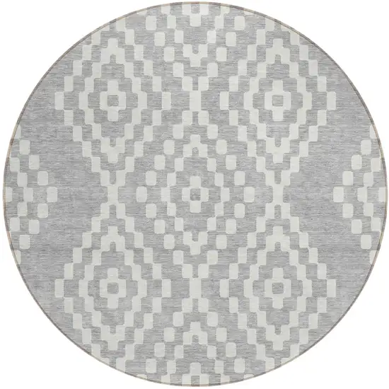 8' Silver And Ivory Round Geometric Washable Indoor Outdoor Area Rug Photo 2