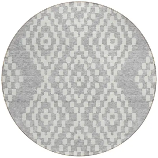 8' Silver And Ivory Round Geometric Washable Indoor Outdoor Area Rug Photo 5