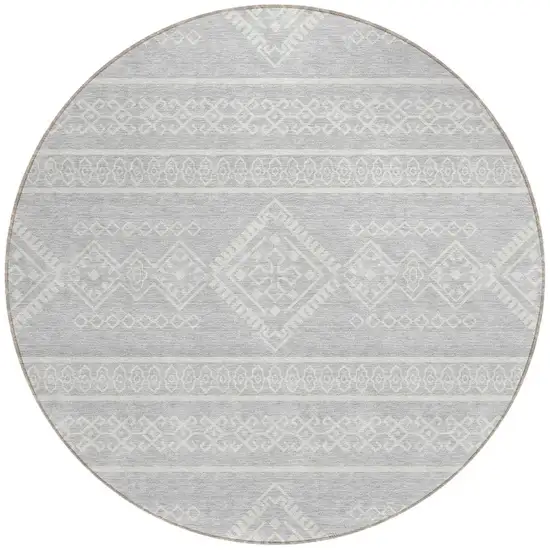 8' Silver And Ivory Round Southwestern Washable Indoor Outdoor Area Rug Photo 5