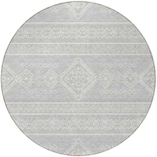 8' Silver And Ivory Round Southwestern Washable Indoor Outdoor Area Rug Photo 6