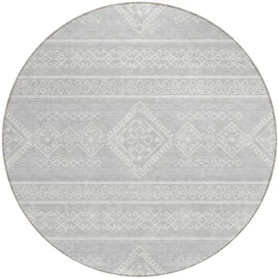 8' Silver And Ivory Round Southwestern Washable Indoor Outdoor Area Rug Photo 2