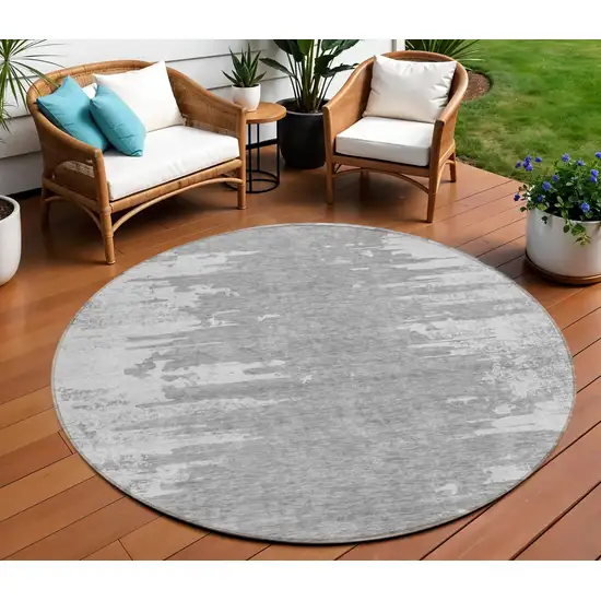 8' Silver Gray And Ivory Round Abstract Washable Indoor Outdoor Area Rug Photo 1
