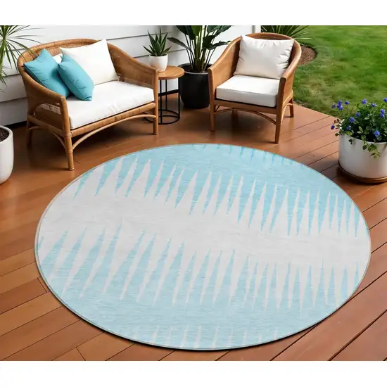8' Sky Blue And Gray Round Striped Washable Indoor Outdoor Area Rug Photo 1