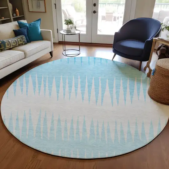 8' Sky Blue And Gray Round Striped Washable Indoor Outdoor Area Rug Photo 7