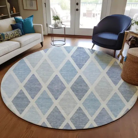 8' Sky Blue And Ivory Round Geometric Washable Indoor Outdoor Area Rug Photo 7