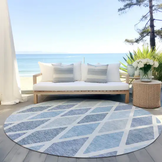 8' Sky Blue And Ivory Round Geometric Washable Indoor Outdoor Area Rug Photo 6