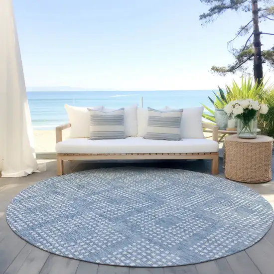 8' Sky Blue And Ivory Round Geometric Washable Indoor Outdoor Area Rug Photo 6