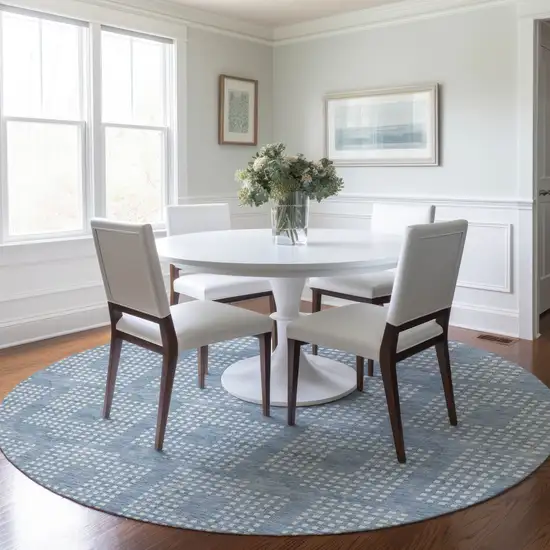 8' Sky Blue And Ivory Round Geometric Washable Indoor Outdoor Area Rug Photo 7