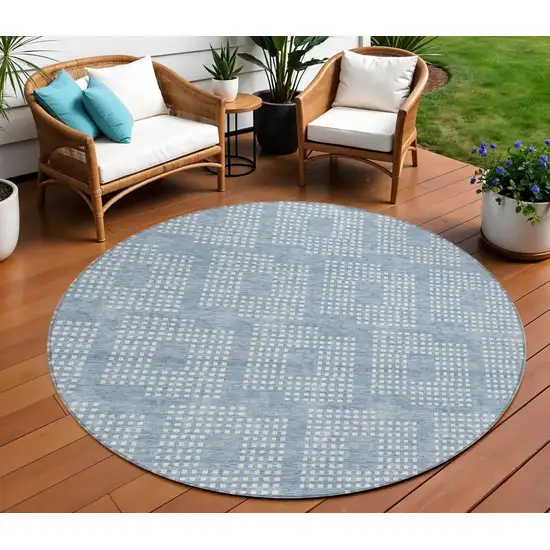 8' Sky Blue And Ivory Round Geometric Washable Indoor Outdoor Area Rug Photo 1