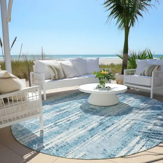 8' Sky Blue And Ivory Round Striped Washable Indoor Outdoor Area Rug Photo 5