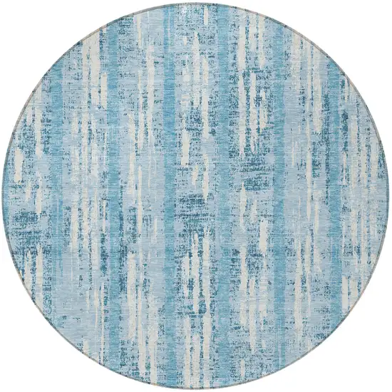 8' Sky Blue And Ivory Round Striped Washable Indoor Outdoor Area Rug Photo 4