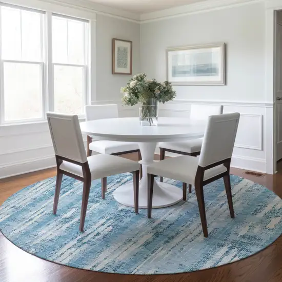 8' Sky Blue And Ivory Round Striped Washable Indoor Outdoor Area Rug Photo 6