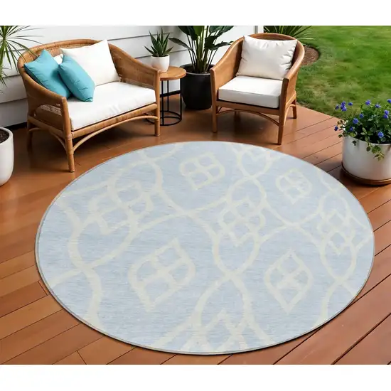 8' Sky Blue And Ivory Round Trellis Washable Indoor Outdoor Area Rug Photo 1