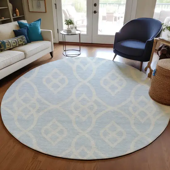 8' Sky Blue And Ivory Round Trellis Washable Indoor Outdoor Area Rug Photo 7
