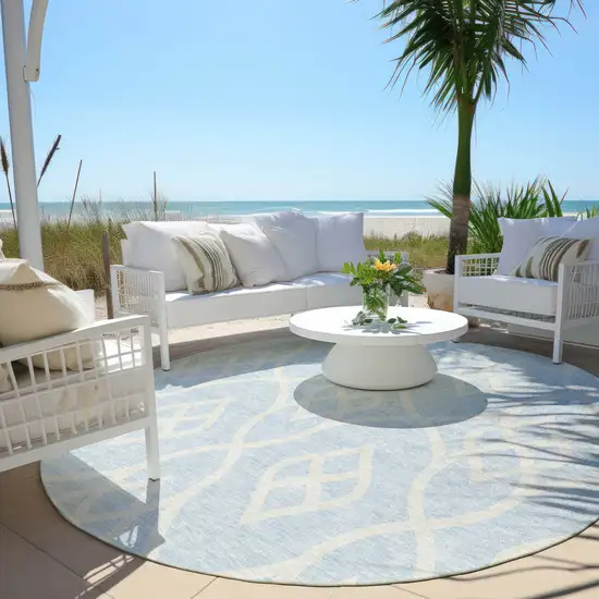 8' Sky Blue And Ivory Round Trellis Washable Indoor Outdoor Area Rug Photo 6
