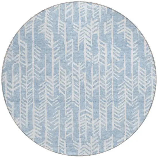 8' Sky Blue And Ivory Round Tribal Washable Indoor Outdoor Area Rug Photo 4