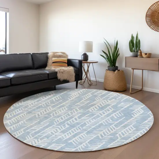 8' Sky Blue And Ivory Round Tribal Washable Indoor Outdoor Area Rug Photo 7