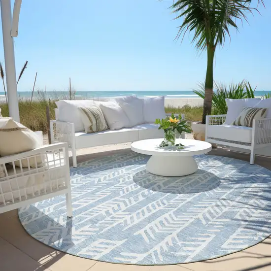 8' Sky Blue And Ivory Round Tribal Washable Indoor Outdoor Area Rug Photo 6