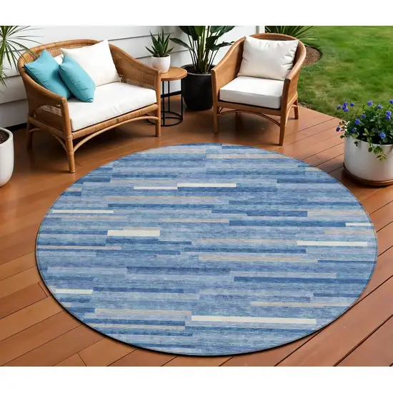 8' Sky Blue Gray And Ivory Round Striped Washable Indoor Outdoor Area Rug Photo 1