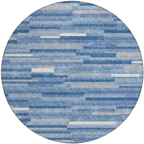 8' Sky Blue Gray And Ivory Round Striped Washable Indoor Outdoor Area Rug Photo 2