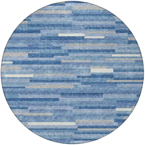 8' Sky Blue Gray And Ivory Round Striped Washable Indoor Outdoor Area Rug Photo 5