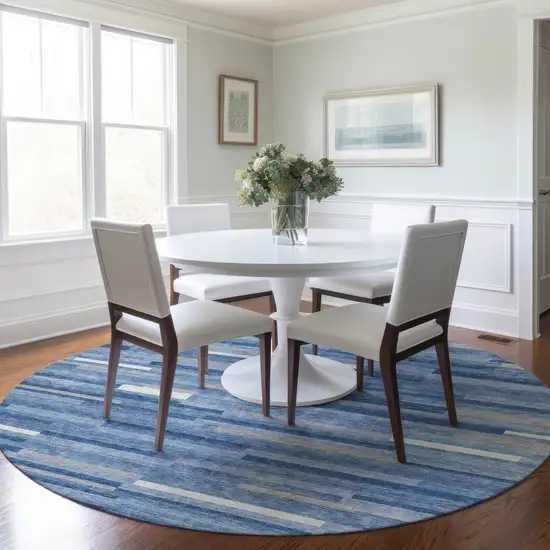 8' Sky Blue Gray And Ivory Round Striped Washable Indoor Outdoor Area Rug Photo 7