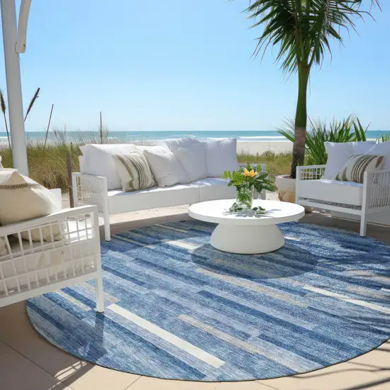 8' Sky Blue Gray And Ivory Round Striped Washable Indoor Outdoor Area Rug Photo 6