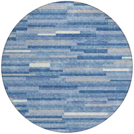 8' Sky Blue Gray And Ivory Round Striped Washable Indoor Outdoor Area Rug Photo 4