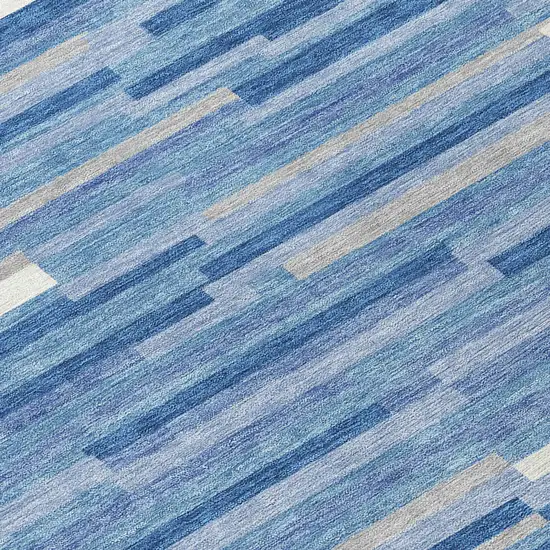 8' Sky Blue Gray And Ivory Round Striped Washable Indoor Outdoor Area Rug Photo 8