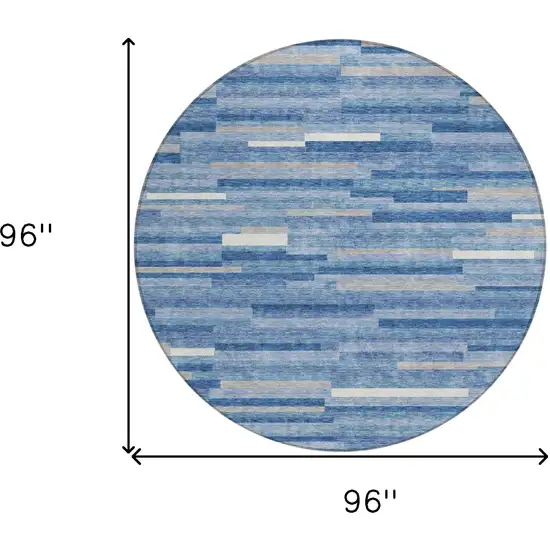 8' Sky Blue Gray And Ivory Round Striped Washable Indoor Outdoor Area Rug Photo 3