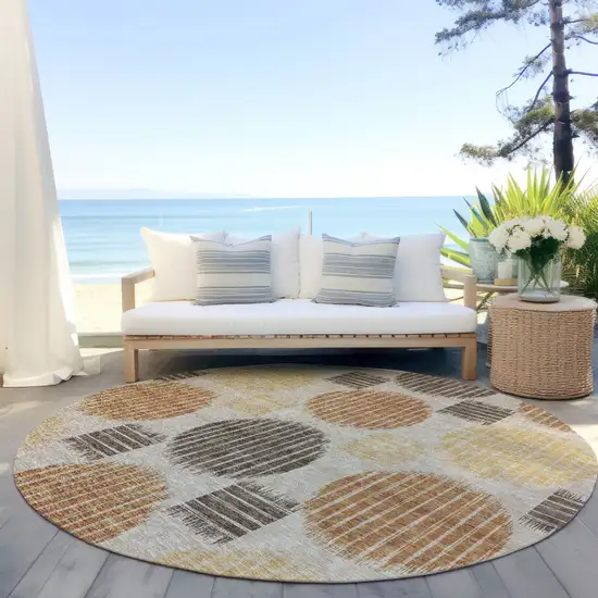 8' Tan Brown And Beige Round Geometric Washable Indoor Outdoor Area Rug Photo 7