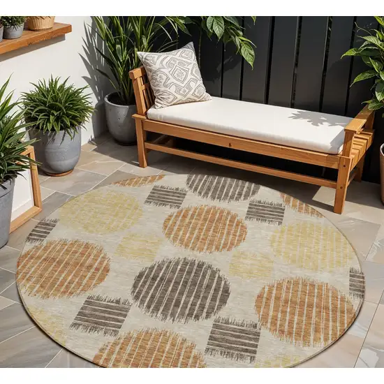 8' Tan Brown And Beige Round Geometric Washable Indoor Outdoor Area Rug Photo 1