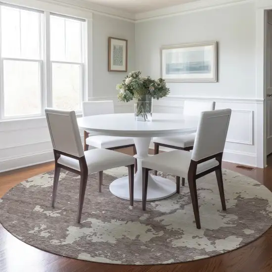 8' Taupe And Beige Round Abstract Washable Indoor Outdoor Area Rug Photo 7