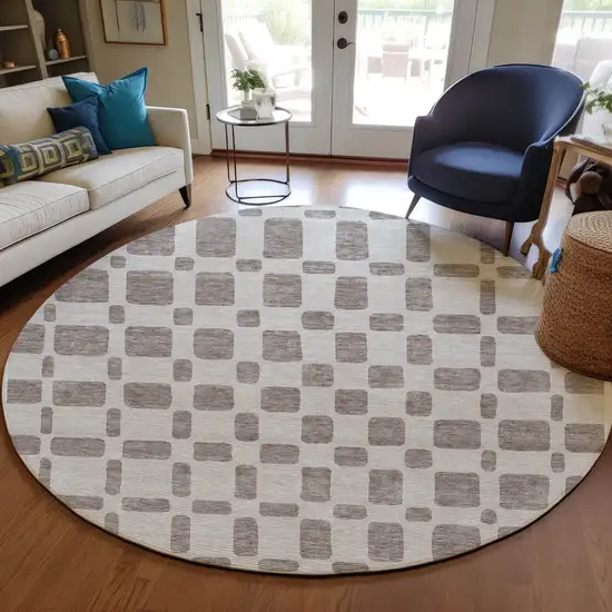 8' Taupe And Beige Round Geometric Washable Indoor Outdoor Area Rug Photo 7