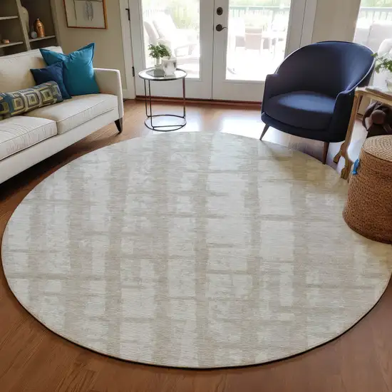 8' Taupe And Beige Round Striped Washable Indoor Outdoor Area Rug Photo 7