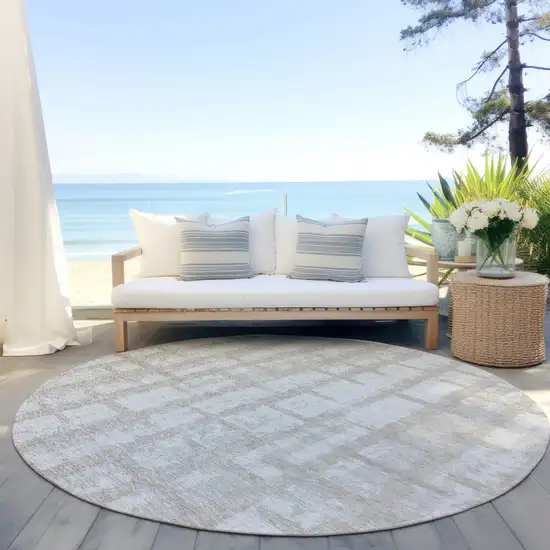 8' Taupe And Beige Round Striped Washable Indoor Outdoor Area Rug Photo 6