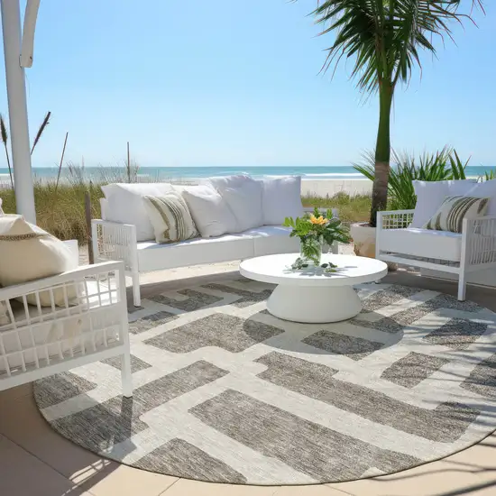 8' Taupe And Gray Round Abstract Washable Indoor Outdoor Area Rug Photo 6