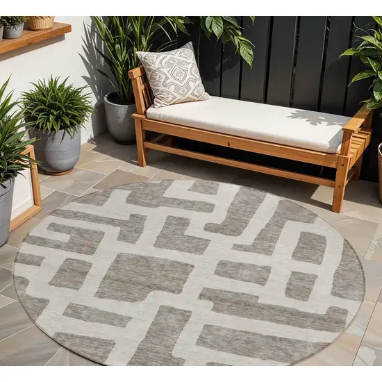 8' Taupe And Gray Round Abstract Washable Indoor Outdoor Area Rug Photo 1