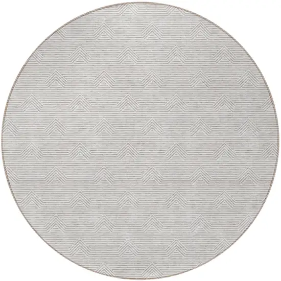 8' Taupe And Ivory Round Geometric Washable Indoor Outdoor Area Rug Photo 4