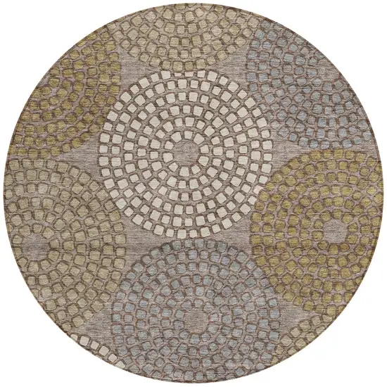8' Taupe Beige And Green Round Geometric Washable Indoor Outdoor Area Rug Photo 6