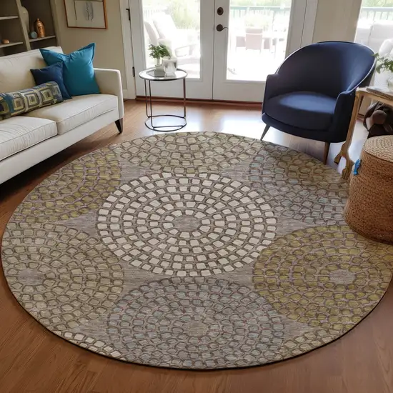 8' Taupe Beige And Green Round Geometric Washable Indoor Outdoor Area Rug Photo 8