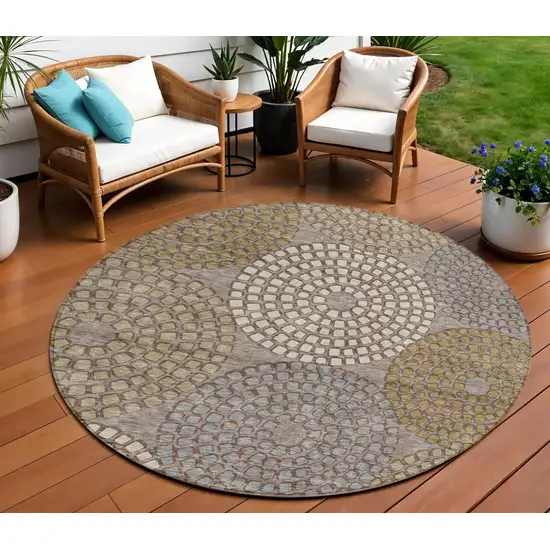 8' Taupe Beige And Green Round Geometric Washable Indoor Outdoor Area Rug Photo 1