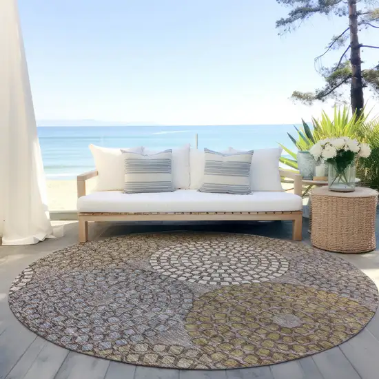 8' Taupe Beige And Green Round Geometric Washable Indoor Outdoor Area Rug Photo 7