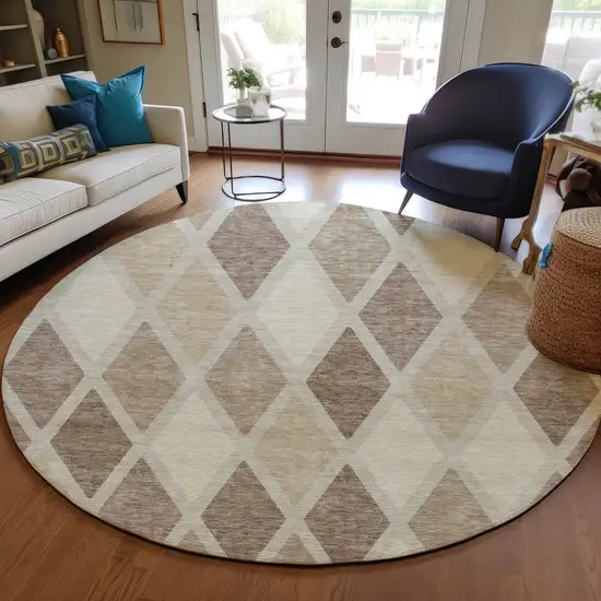 8' Taupe Beige And Ivory Round Geometric Washable Indoor Outdoor Area Rug Photo 8