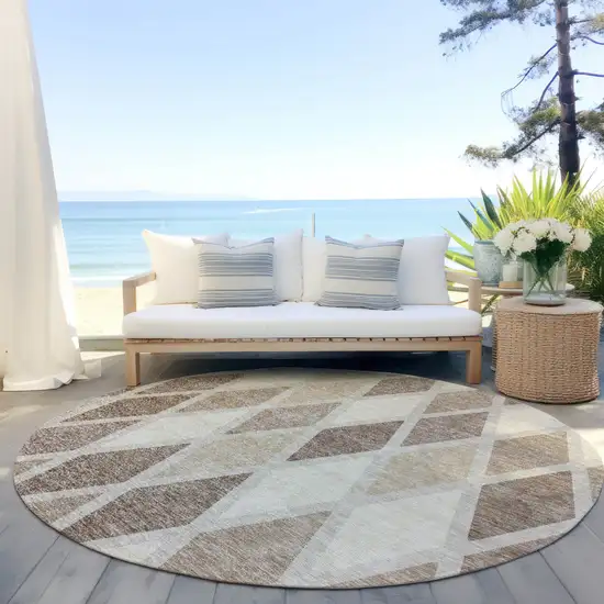 8' Taupe Beige And Ivory Round Geometric Washable Indoor Outdoor Area Rug Photo 7