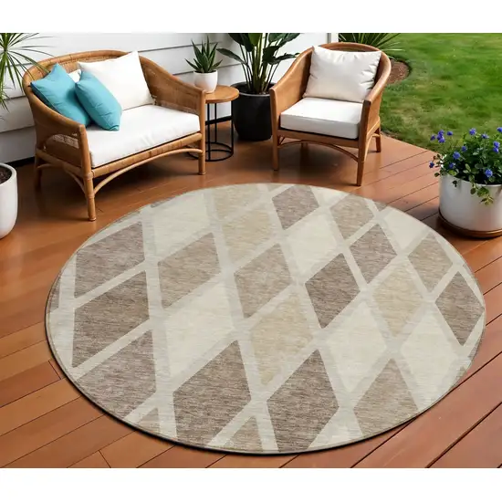8' Taupe Beige And Ivory Round Geometric Washable Indoor Outdoor Area Rug Photo 1